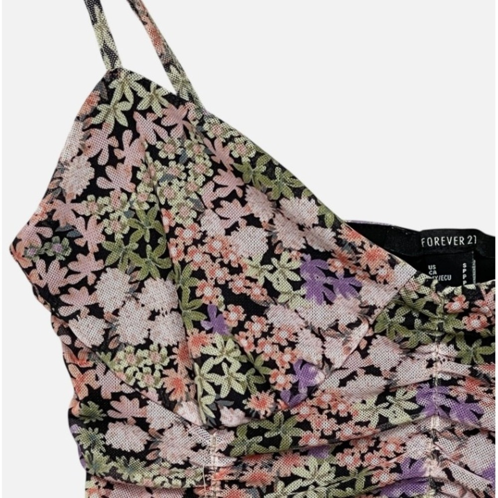 Forever 21 Floral Ruched Mesh Cami Crop Top Small Black Pink Purple Sweetheart - Picture 5 of 8